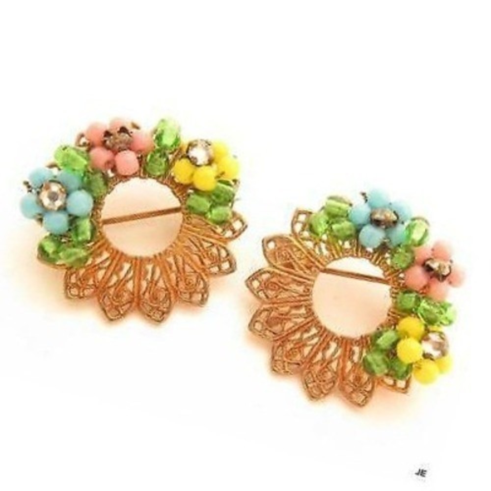 Vintage Pretty Set Miriam Haskell Flower Filigree Glass & Rhinestone Pins